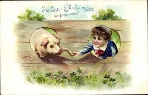 Ak Glückwunsch Neujahr, Kind, Schwein, Zaun, Glücksklee