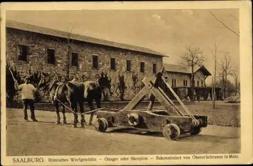 Ak Köppern Friedrichsdorf im Taunus, Bahnhof Saalburg, Römisches Wurfgeschütz