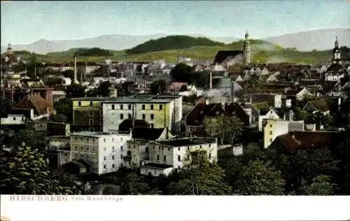 Ak Jelenia Góra Hirschberg Riesengebirge Schlesien, Gesamtansicht, Hausberg