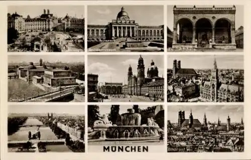 Ak München, Teilansichten, Deutsches Museum, Karlsplatz, Feldherrenhalle, Brunnen, Isar