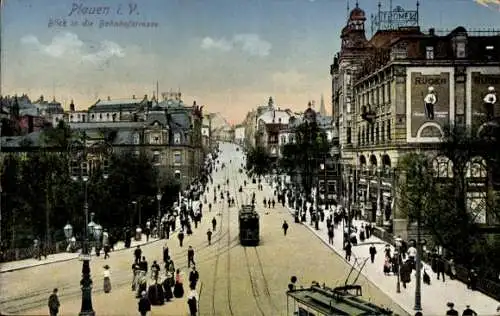 Ak Plauen Vogtland, Bahnhofstraße mit Straßenbahn, Cafe Trömel, Reklame Rüger