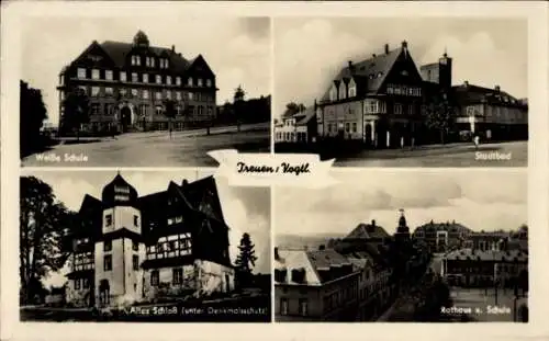 Ak Treuen im Vogtland Sachsen, Stadtbad, Weiße Schule, Altes Schloss, Rathaus, Schule