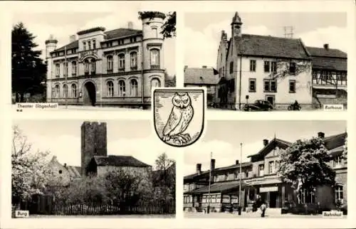 Wappen Ak Oebisfelde in Sachsen Anhalt, Theater, Rathaus, Burg und Bahnhof