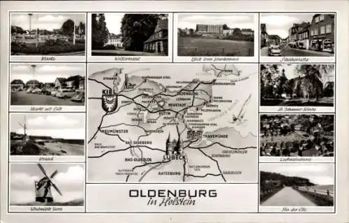 Ak Oldenburg in Holstein, Landkarte, Luftaufnahme, Markt, St. Johannes-Kirche, Windmühle, Strand