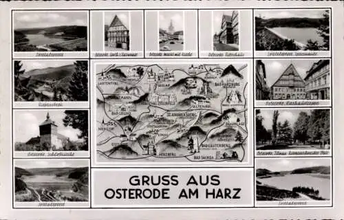 Ak Osterode am Harz, Landkarte, Schlosskirche, Sösetalsperre, Rathaustreppe, Ritterhaus, Markt