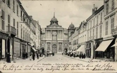 Ak Versailles Yvelines, Kirche Notre Dame, Turmuhr, Rue Hoche, Geschäfte
