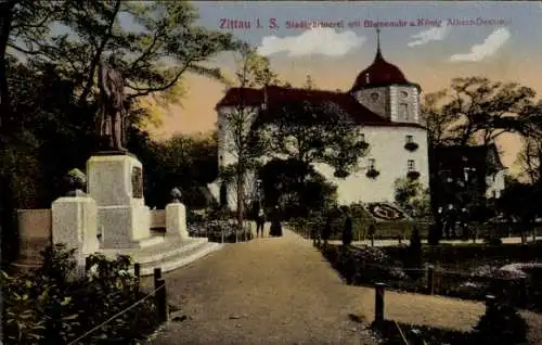 Ak Zittau in der Oberlausitz, Stadtgärtnerei, Blumenuhr, König Albert-Denkmal