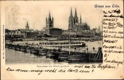 Ak Köln am Rhein, Panorama von Deutz gesehen, Dom, Schiffbrücke