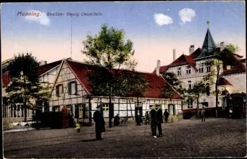 Ak Duisburg im Ruhrgebiet, Alte Häuser an der Monning, Fachwerk, Straßenbahn