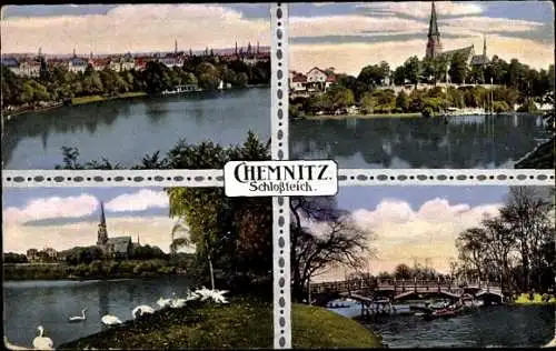 Ak Chemnitz in Sachsen, Panorama, Schlossteich, Brücke, Schwäne