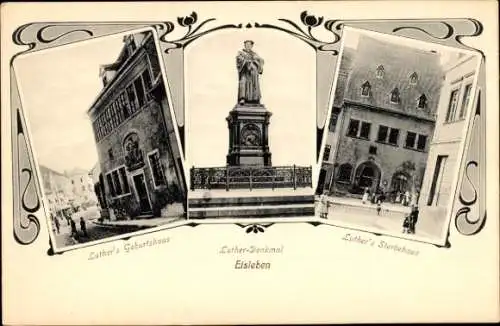 Jugendstil Ak Lutherstadt Eisleben, Luthers Geburtshaus, Denkmal, Sterbehaus