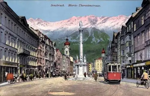 Photochromie Ak Innsbruck in Tirol, Maria Theresien Straße, Straßenbahn, Brunnen