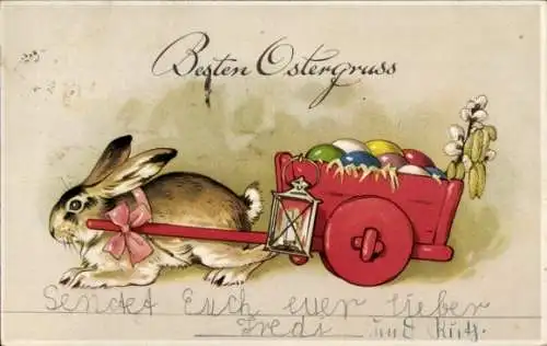 Ak Frohe Ostern, Osterhase zieht Wagen mit Ostereiern und Weidenkätzchen