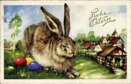 Ak Frohe Ostern, Osterhase mit Ostereiern auf Wiese