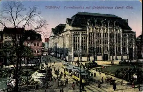 Ak Düsseldorf am Rhein, Corneliusplatz, Geschäftshaus Leonh. Dietz, Straßenbahn