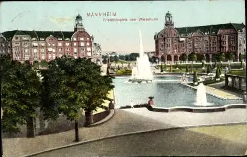 Ak Mannheim in Baden, Friedrichsplatz, Blick vom Wasserturm, Springbrunnen