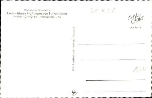 Ak Fallersleben Wolfsburg in Niedersachsen, Hoffmann von Fallersleben, Geburtshaus, Dichter