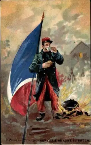 Künstler Ak Palm de Rosa, A., Infanterie de Ligne au Bivouac, französischer Soldat, Lagerfeuer