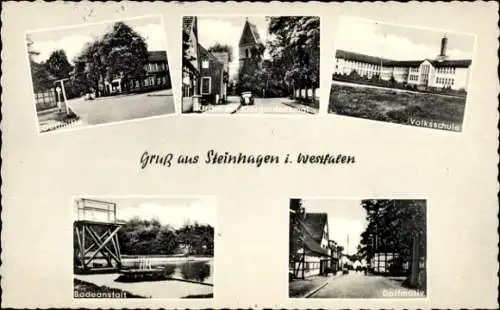 Ak Steinhagen in Westfalen, Badeanstalt, Volksschule, Dorfmitte, Kirche, Kriegerdenkmal