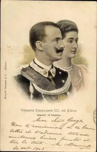 Ak König Viktor Emanuel III., Elena von Montenegro, Portrait, Seitenansicht