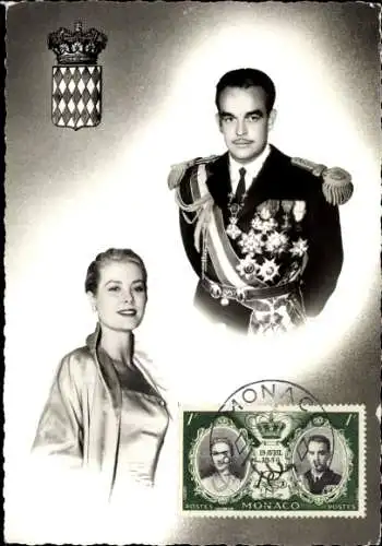 Ak Grace Kelly, Grace Patricia Grimaldi, Rainier III., Wappen