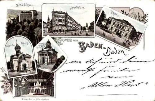 Litho Baden Baden am Schwarzwald, Leopoldplatz, Altes Schloss, Theater, Russische Kirche