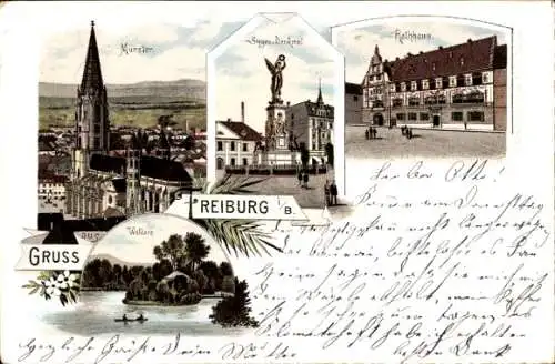 Litho Freiburg im Breisgau, Münster, Siegesdenkmal, Rathaus, Waldsee