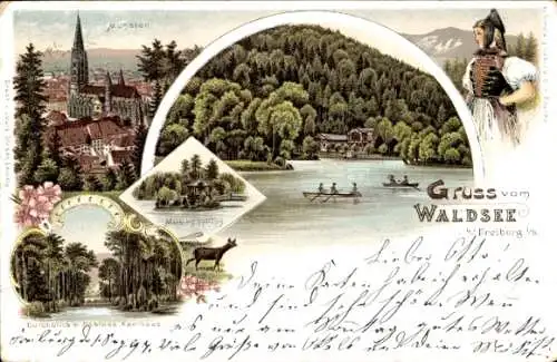 Litho Freiburg im Breisgau, Waldsee, Münster, Schloss Karthaus, Musikpavillon, Frau in Tracht