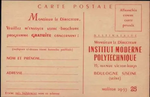 Ak Reklame, Institut Moderne Polytechnique, Boulogne sur Seine