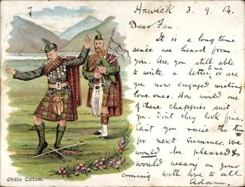 Litho Schottland, Männer in schottischen Trachten, Sackpfeife