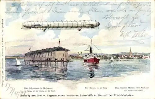 Litho Manzell Friedrichshafen am Bodensee, Zeppelin'sches lenkbares Luftschiff, Luftschiffhalle