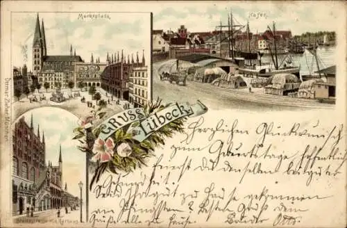 Vorläufer Litho Hansestadt Lübeck, Marktplatz, Hafen, Breitestraße, Rathaus