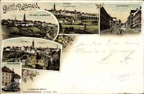 Litho Rottweil am Neckar, Hauptstraße, Gesamtansicht, Viadukt, Marktbrunnen