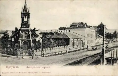 Ak Irkutsk Russland, Evangelische Kirche, Straßenpartie