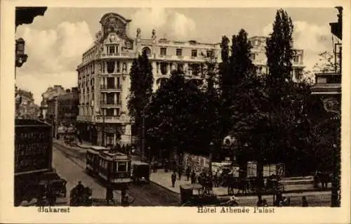 Ak București Bukarest Rumänien, Hotel Athene Palace, Calea Victoriei, Straßenbahn