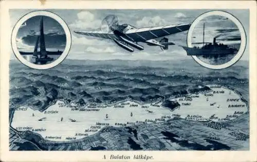 Ak Balaton Ungarn, Gesamtansicht, Wasserflugzeug, Schiff