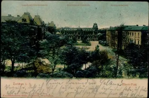 Relief Ak Zwickau in Sachsen, Albertplatz, Realgymnasium, Landwirtschafts-Gebäude, Reichspost