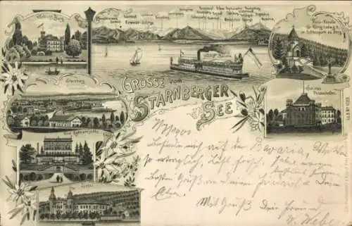 Litho Starnberg in Oberbayern, Schloss Berg, Hotel Rottman's Höhe, Leoni, Schloss Possenhofen