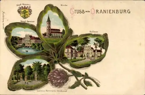 Kleeblatt Litho Oranienburg in Brandenburg, Schloss, Kirche, Seminar, Louise-Henriette-Denkmal
