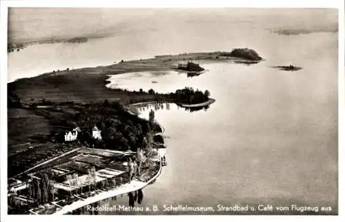 Ak Radolfzell Mettnau am Bodensee, Fliegeraufnahme, Scheffelmuseum, Strandbad, Cafe