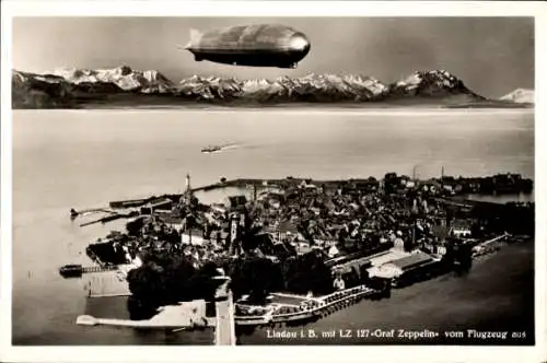 Ak Lindau am Bodensee Schwaben, LZ 127 Graf Zeppelin, Fliegeraufnahme