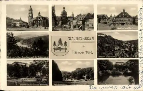 Ak Waltershausen in Thüringen, Marktplatz mit Rathaus, Blick zum Ziegenberg, Waldteich und Tenneberg