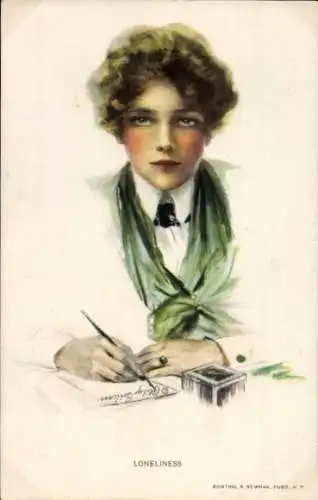 Künstler Ak Boileau, Philip, Frau am Schreibtisch, Federhalter, Tintenfass
