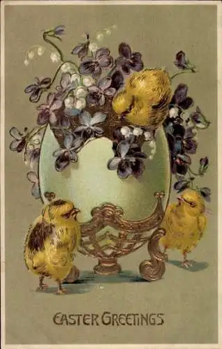 Präge Ak Glückwunsch Ostern, Küken, Osterei, Blumen, Maiglöckchen, Veilchen