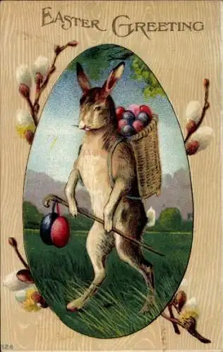 Präge Ak Glückwunsch Ostern, Osterhase, Korb, Ostereier, Weidenkätzchen