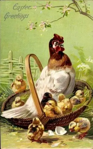 Ak Glückwunsch Ostern, Küken, Korb, Henne