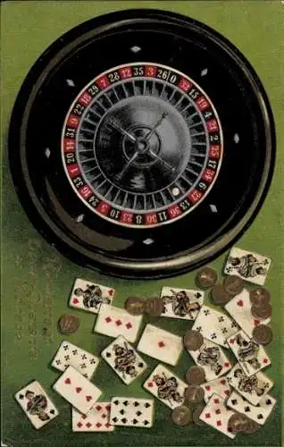 Präge Ak Glücksspiel, Roulette, Spielkarten