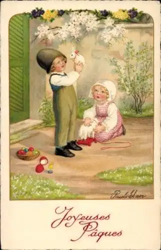 Künstler Ak Ebner, Pauli, Glückwunsch Ostern, Kinder, Osterhase, Ostereier, Spielzeuglamm