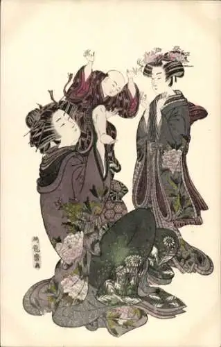 Ak Frauen und Mann in japanischer Tracht, Blumen, Kimono