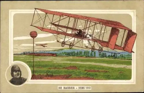 Ak Flugpionier De Baeder, Reims 1910, Doppeldecker